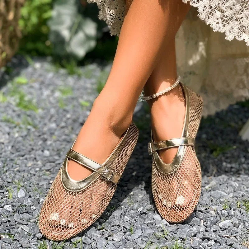 In Summer, Wear Round Toe, Straight Buckles, Casual and Comfortable, Women's Flats, Cut-out Mary Jane Single Shoes,fishnet Shoes