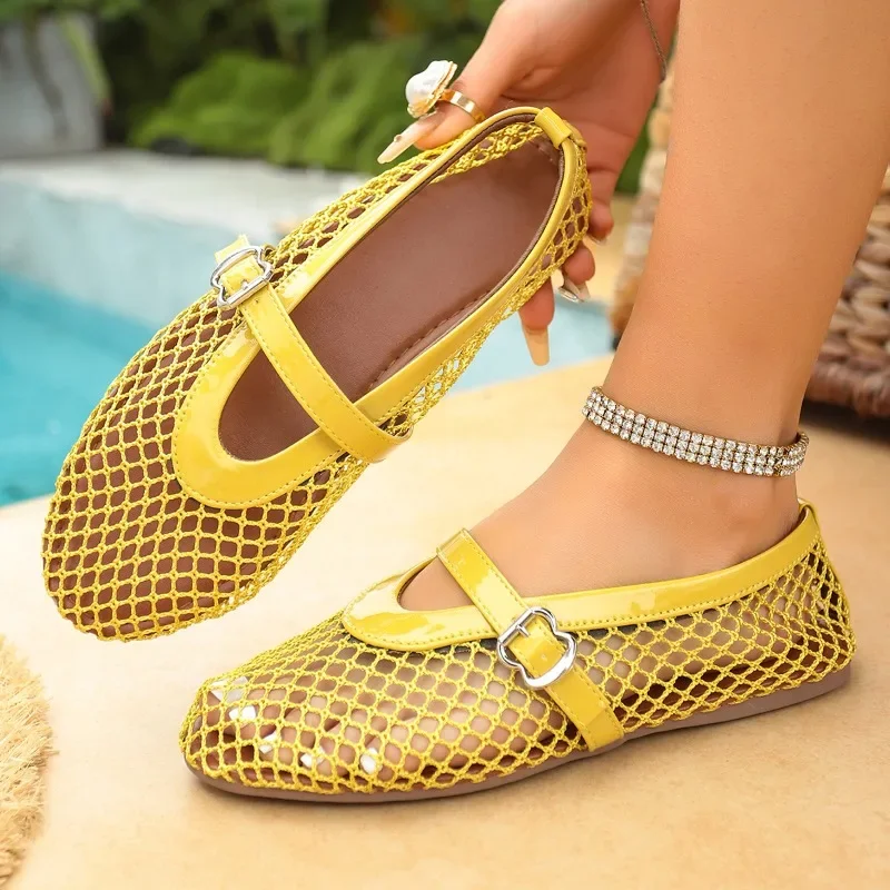 In Summer, Wear Round Toe, Straight Buckles, Casual and Comfortable, Women's Flats, Cut-out Mary Jane Single Shoes,fishnet Shoes