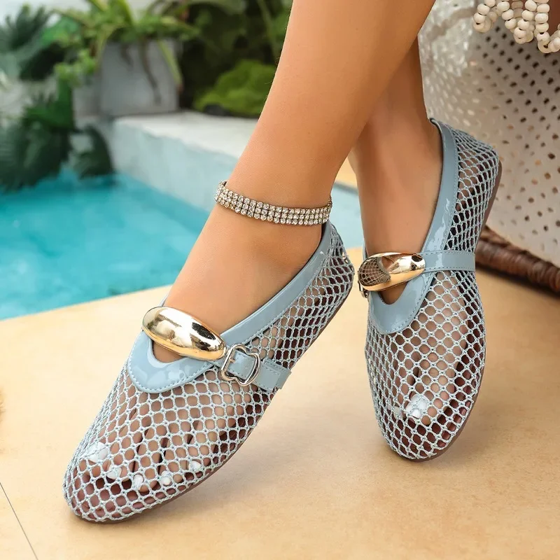 In Summer, Wear Round Toe, Straight Buckles, Casual and Comfortable, Women's Flats, Cut-out Mary Jane Single Shoes,fishnet Shoes