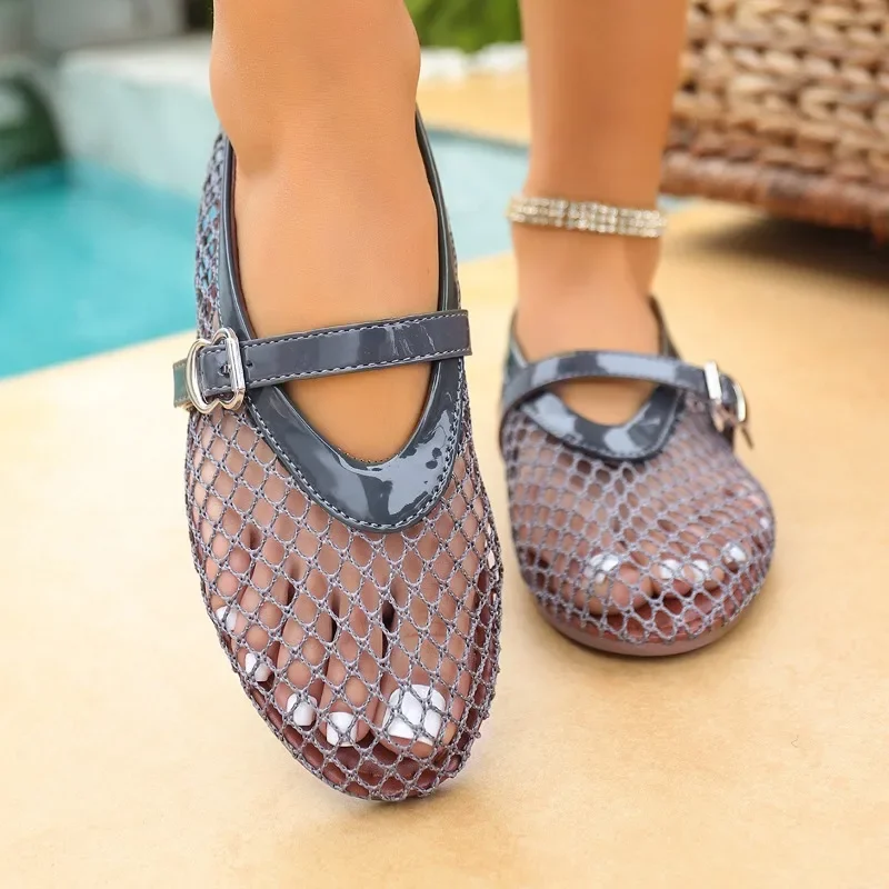 In Summer, Wear Round Toe, Straight Buckles, Casual and Comfortable, Women's Flats, Cut-out Mary Jane Single Shoes,fishnet Shoes