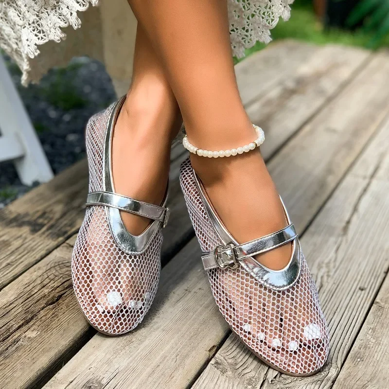 In Summer, Wear Round Toe, Straight Buckles, Casual and Comfortable, Women's Flats, Cut-out Mary Jane Single Shoes,fishnet Shoes