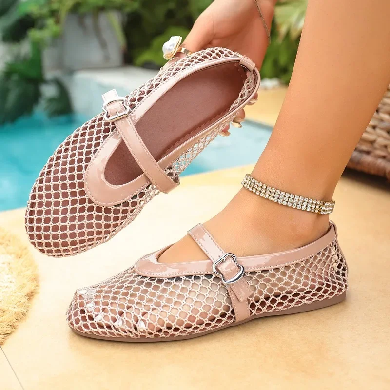 In Summer, Wear Round Toe, Straight Buckles, Casual and Comfortable, Women's Flats, Cut-out Mary Jane Single Shoes,fishnet Shoes