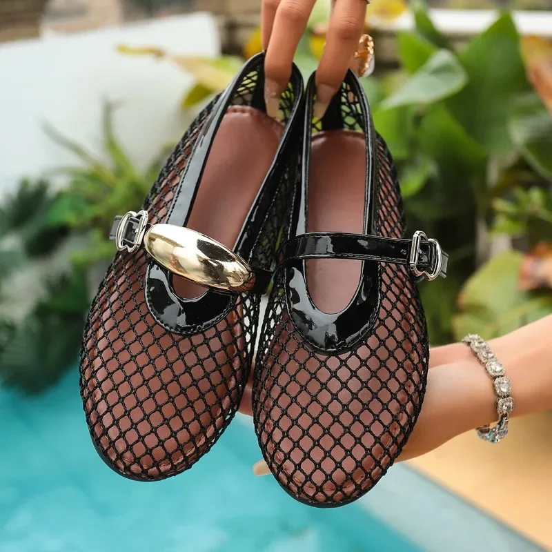 In Summer, Wear Round Toe, Straight Buckles, Casual and Comfortable, Women's Flats, Cut-out Mary Jane Single Shoes,fishnet Shoes