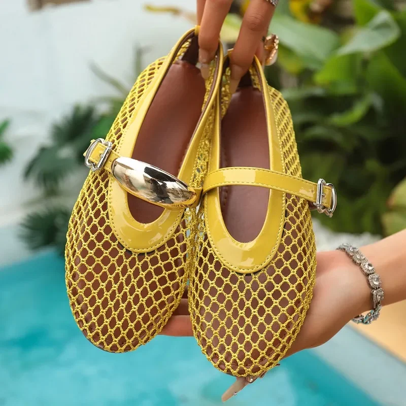 In Summer, Wear Round Toe, Straight Buckles, Casual and Comfortable, Women's Flats, Cut-out Mary Jane Single Shoes,fishnet Shoes