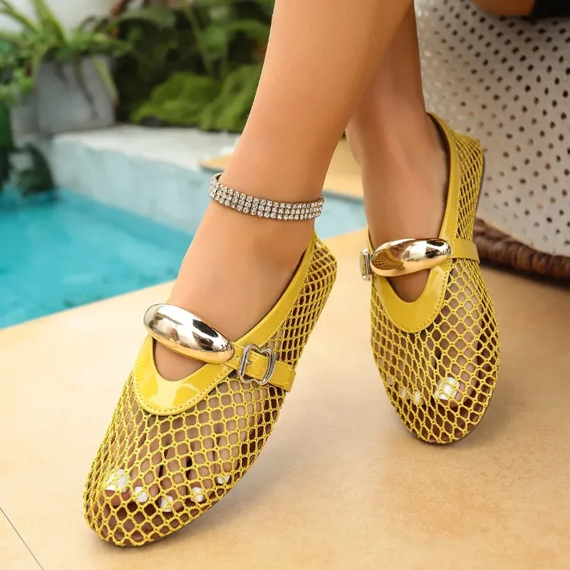 In Summer, Wear Round Toe, Straight Buckles, Casual and Comfortable, Women's Flats, Cut-out Mary Jane Single Shoes,fishnet Shoes