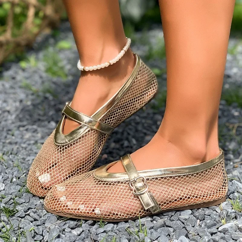 In Summer, Wear Round Toe, Straight Buckles, Casual and Comfortable, Women's Flats, Cut-out Mary Jane Single Shoes,fishnet Shoes