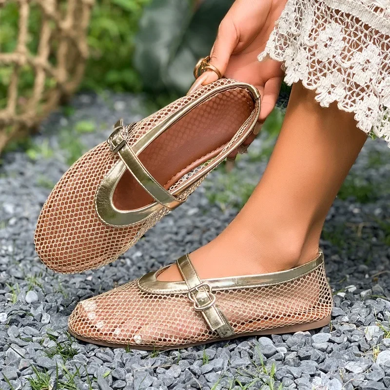 In Summer, Wear Round Toe, Straight Buckles, Casual and Comfortable, Women's Flats, Cut-out Mary Jane Single Shoes,fishnet Shoes
