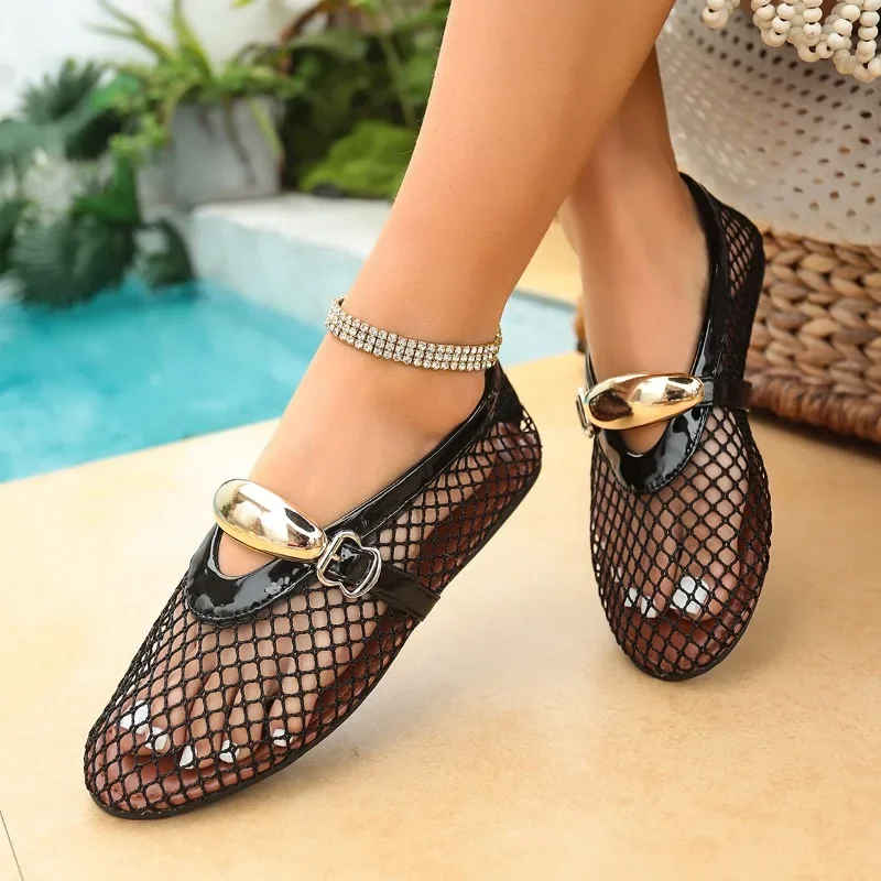 In Summer, Wear Round Toe, Straight Buckles, Casual and Comfortable, Women's Flats, Cut-out Mary Jane Single Shoes,fishnet Shoes