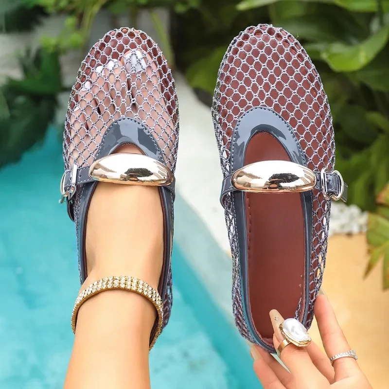 In Summer, Wear Round Toe, Straight Buckles, Casual and Comfortable, Women's Flats, Cut-out Mary Jane Single Shoes,fishnet Shoes