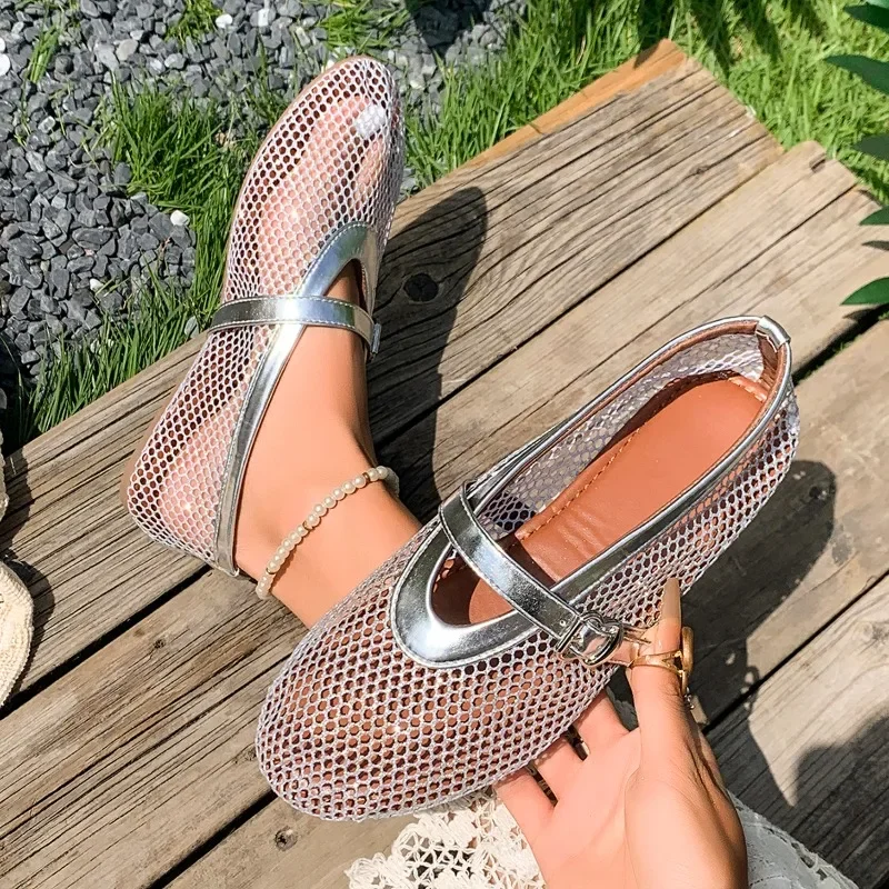 In Summer, Wear Round Toe, Straight Buckles, Casual and Comfortable, Women's Flats, Cut-out Mary Jane Single Shoes,fishnet Shoes