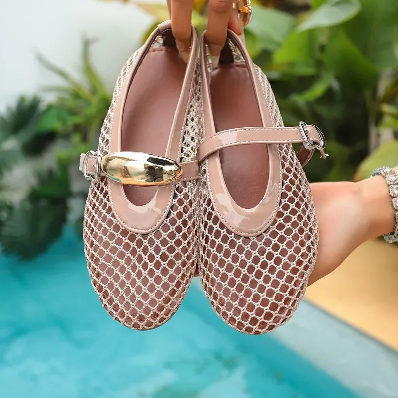 In Summer, Wear Round Toe, Straight Buckles, Casual and Comfortable, Women's Flats, Cut-out Mary Jane Single Shoes,fishnet Shoes