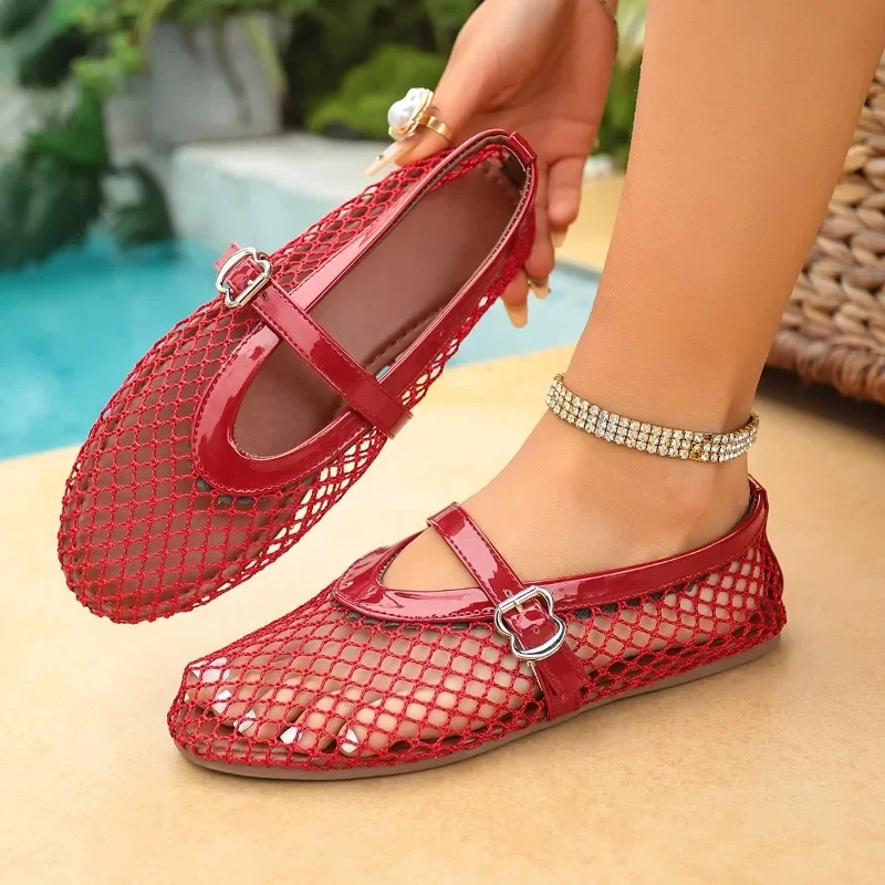In Summer, Wear Round Toe, Straight Buckles, Casual and Comfortable, Women's Flats, Cut-out Mary Jane Single Shoes,fishnet Shoes
