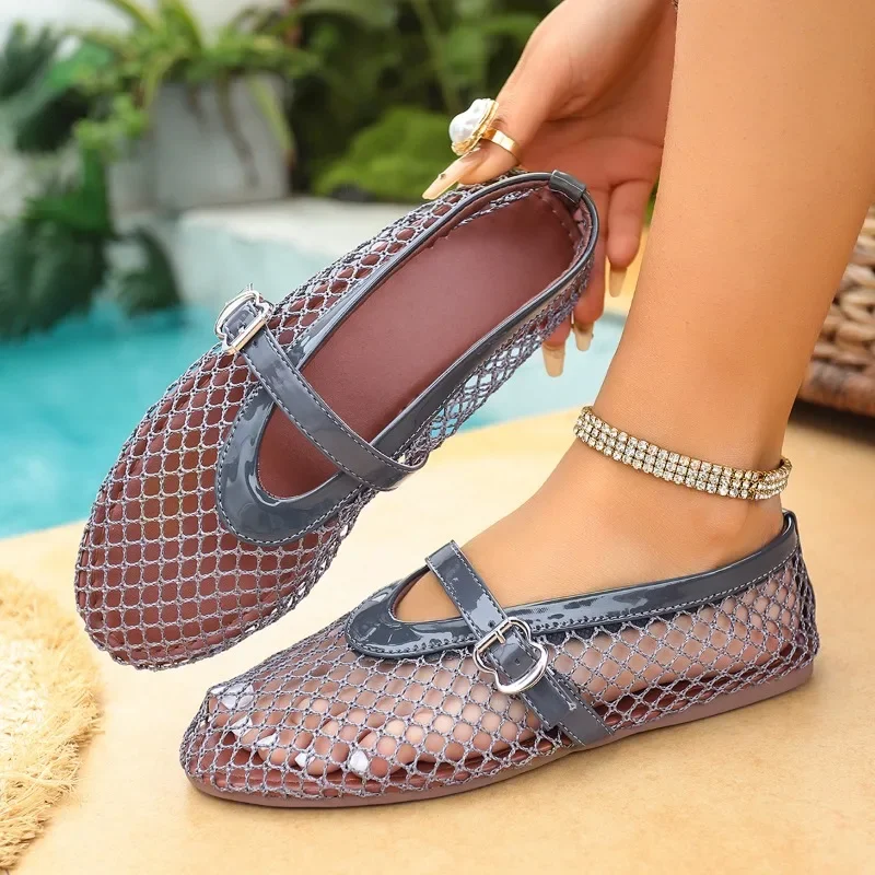 In Summer, Wear Round Toe, Straight Buckles, Casual and Comfortable, Women's Flats, Cut-out Mary Jane Single Shoes,fishnet Shoes