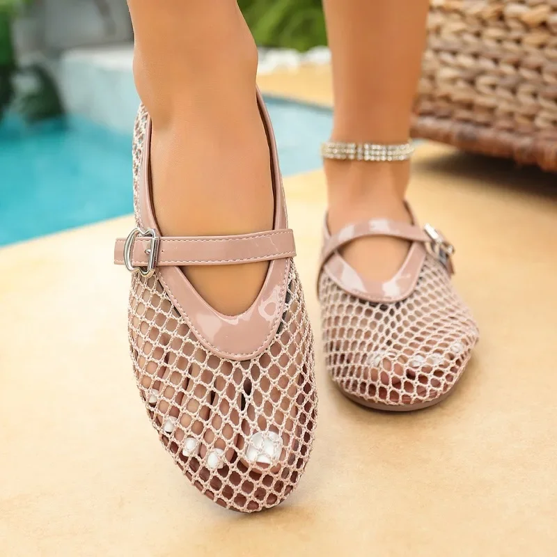 In Summer, Wear Round Toe, Straight Buckles, Casual and Comfortable, Women's Flats, Cut-out Mary Jane Single Shoes,fishnet Shoes