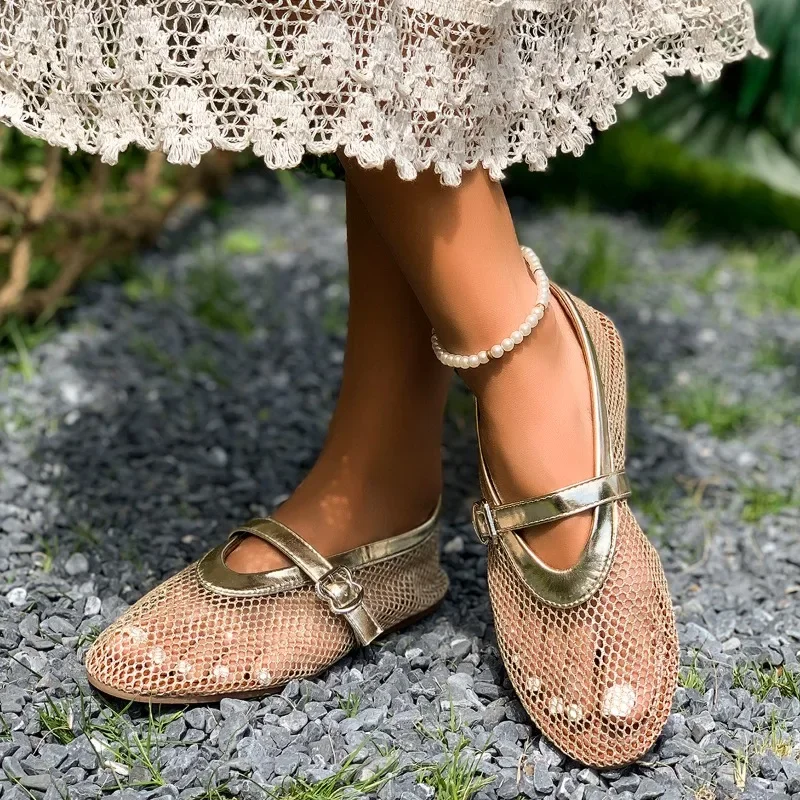 In Summer, Wear Round Toe, Straight Buckles, Casual and Comfortable, Women's Flats, Cut-out Mary Jane Single Shoes,fishnet Shoes