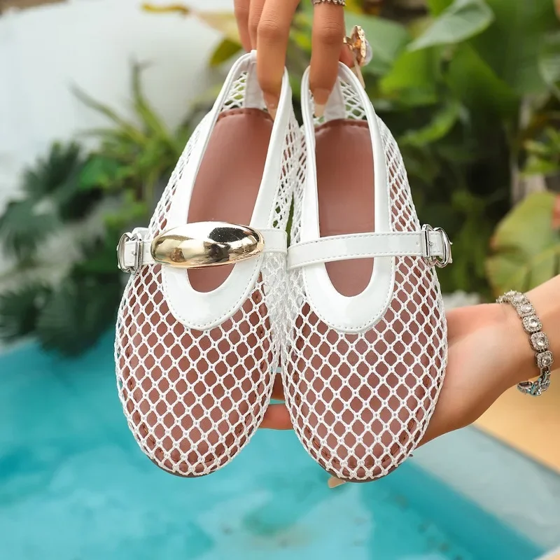 In Summer, Wear Round Toe, Straight Buckles, Casual and Comfortable, Women's Flats, Cut-out Mary Jane Single Shoes,fishnet Shoes