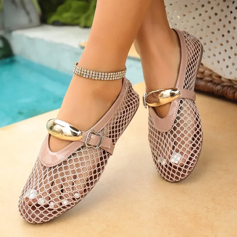In Summer, Wear Round Toe, Straight Buckles, Casual and Comfortable, Women's Flats, Cut-out Mary Jane Single Shoes,fishnet Shoes