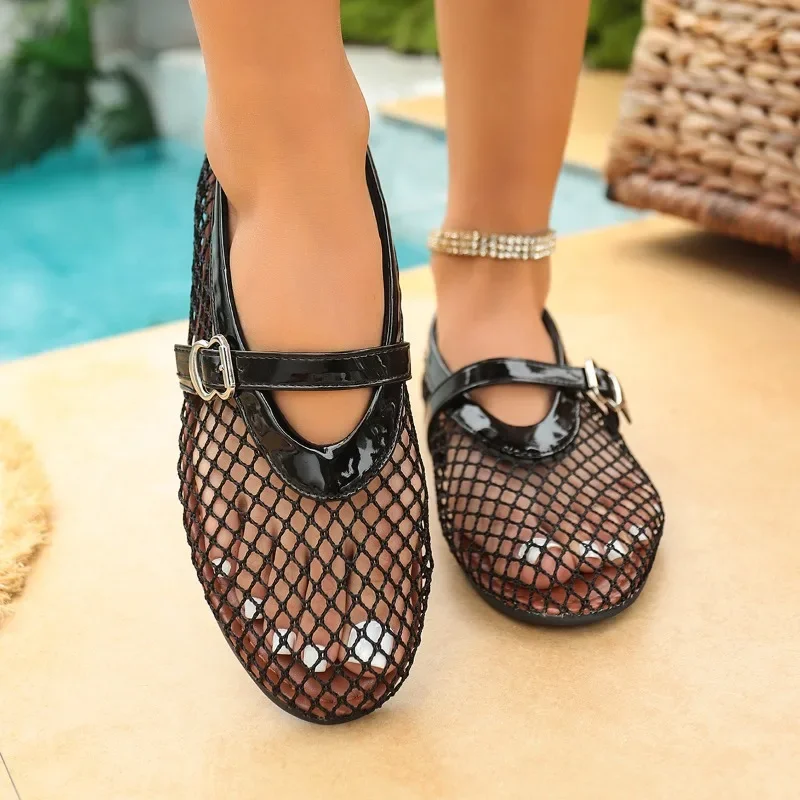 In Summer, Wear Round Toe, Straight Buckles, Casual and Comfortable, Women's Flats, Cut-out Mary Jane Single Shoes,fishnet Shoes