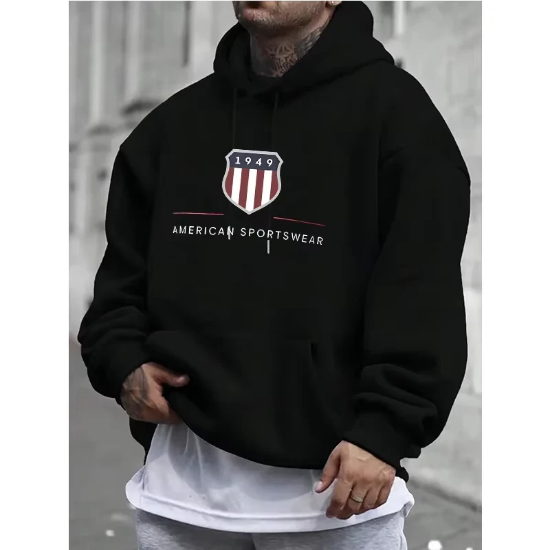 2026 Men's hooded sweatshirt men's warm sweatshirt urban fashion casual loose fresh printed in 1949
