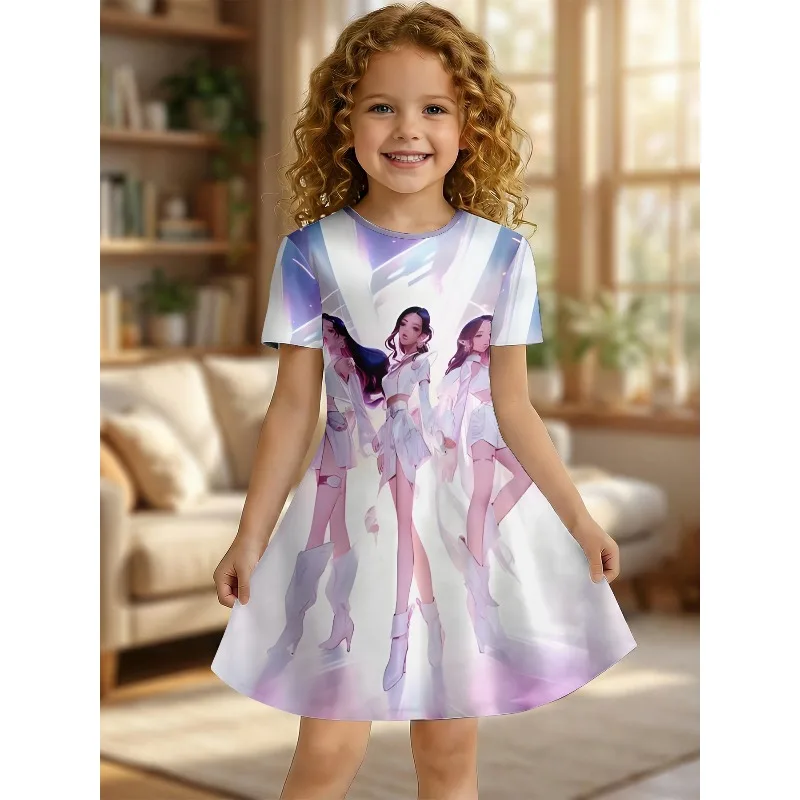 Girl K-Pop Star Group Stage Print Dress, White and Purple Short Sleeved T-shirt Dress Suitable for Birthday Gifting and Parties