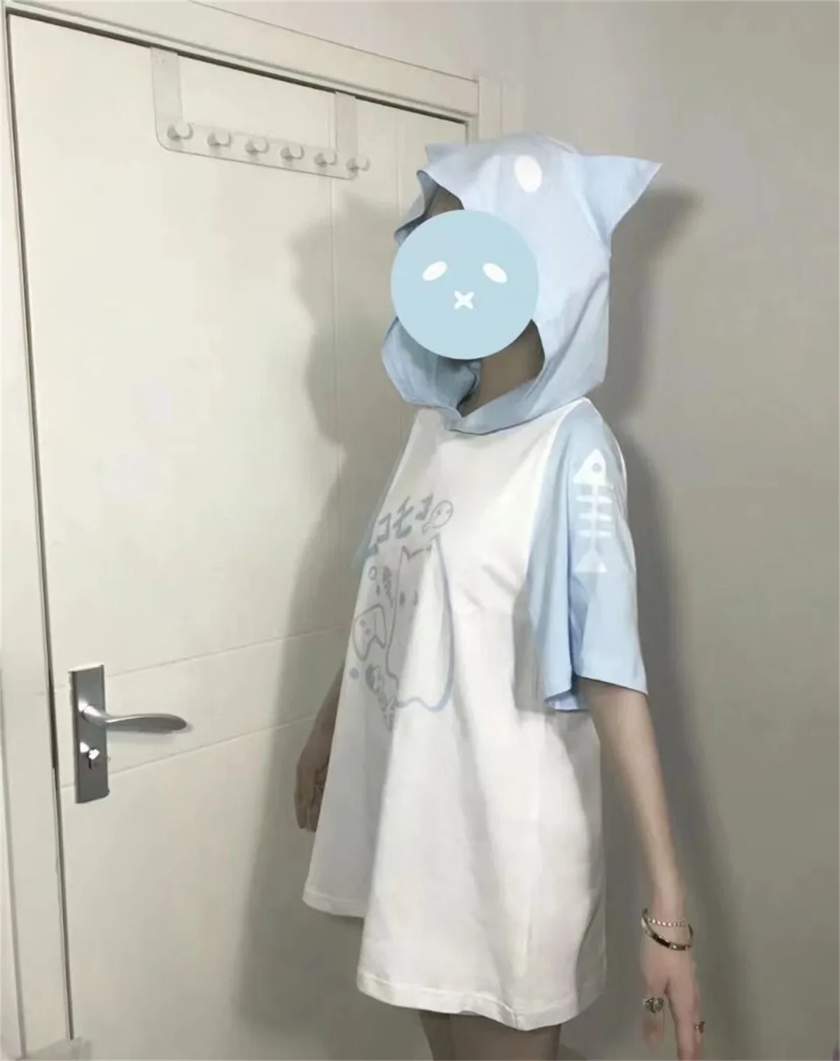 Korean Kawaii Cat Ears Hoodie Tops Women Y2k Short Sleeve Sweatshirts T-shirts 2024 Summer New Mid-length Loose Pullovers