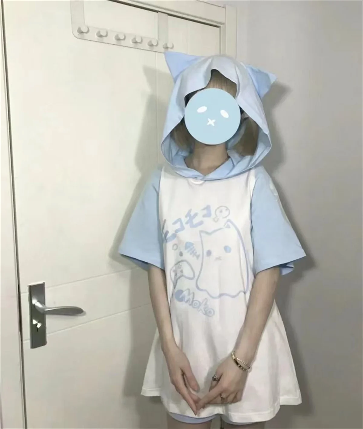 Korean Kawaii Cat Ears Hoodie Tops Women Y2k Short Sleeve Sweatshirts T-shirts 2024 Summer New Mid-length Loose Pullovers