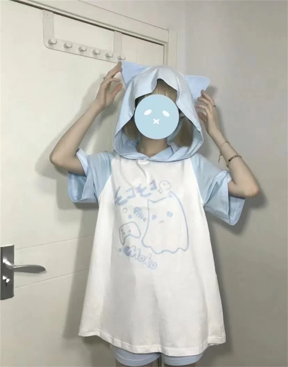 Korean Kawaii Cat Ears Hoodie Tops Women Y2k Short Sleeve Sweatshirts T-shirts 2024 Summer New Mid-length Loose Pullovers