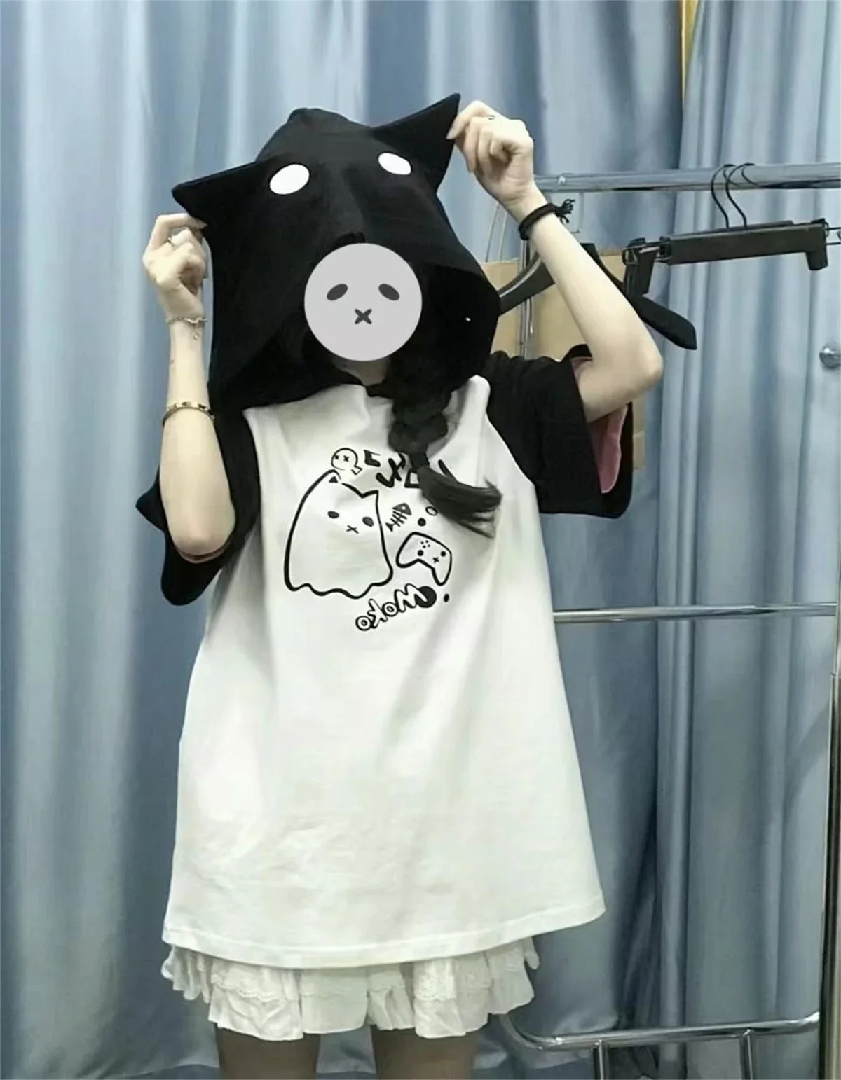 Korean Kawaii Cat Ears Hoodie Tops Women Y2k Short Sleeve Sweatshirts T-shirts 2024 Summer New Mid-length Loose Pullovers