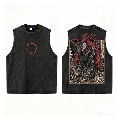 Men 100% Cotton Black Washed Tank Top Sleeveless Dark Knight Graphic Print Casual Streetwear Tee
