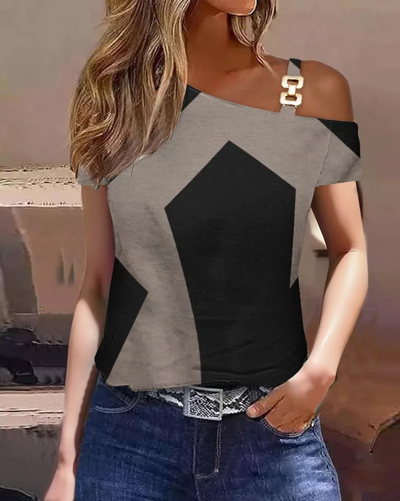 Women's Asymmetrical One Shoulder Top Abstract Print Sleeveless Blouse With Metal Chain Strap For Casual Summer Daily Wear