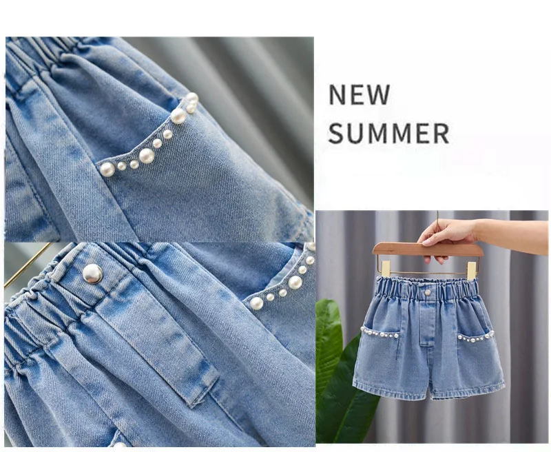 Summer Girls Shorts 3-12T Sweet Bead Decoration Kids Half Pants Loose Children Denim Shorts Soft Boys Clothes