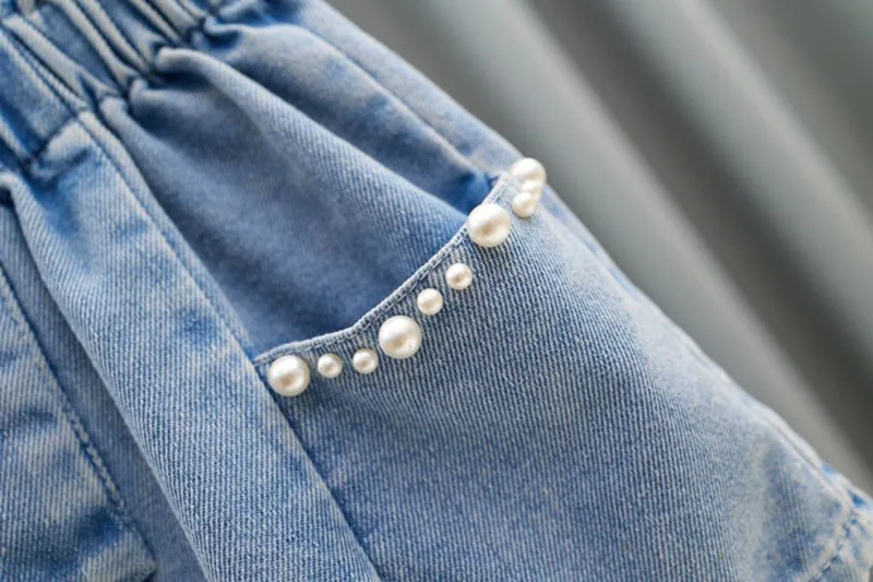 Summer Girls Shorts 3-12T Sweet Bead Decoration Kids Half Pants Loose Children Denim Shorts Soft Boys Clothes