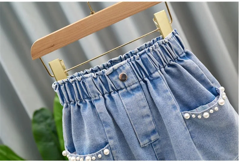 Summer Girls Shorts 3-12T Sweet Bead Decoration Kids Half Pants Loose Children Denim Shorts Soft Boys Clothes