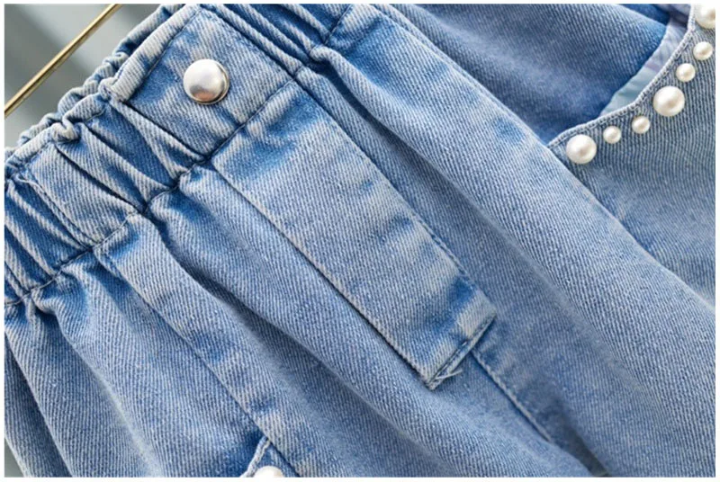 Summer Girls Shorts 3-12T Sweet Bead Decoration Kids Half Pants Loose Children Denim Shorts Soft Boys Clothes