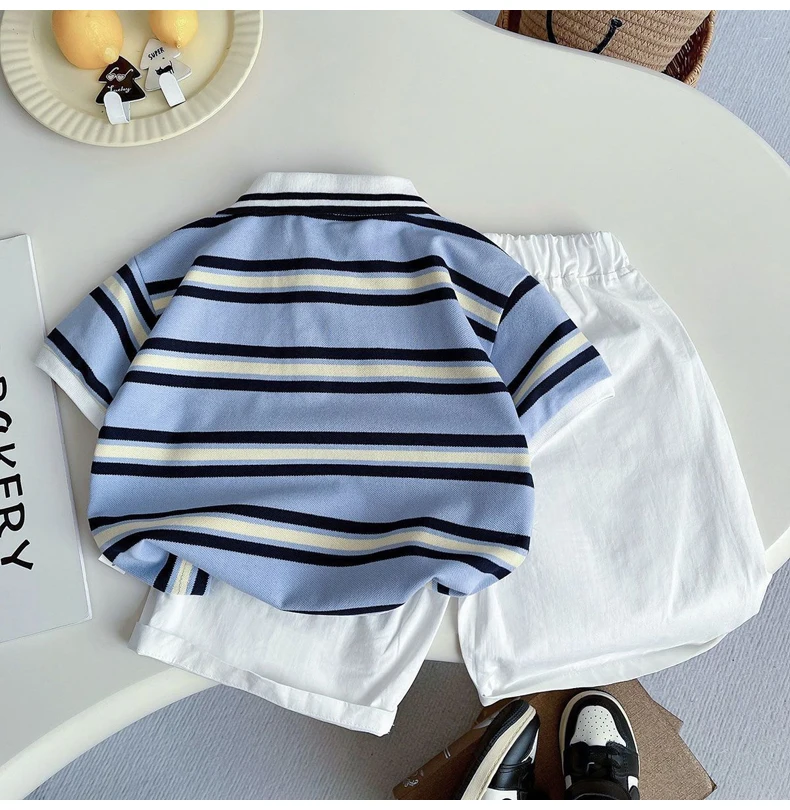 IENENS Boys Clothes Sets Summer Kids Polo-shirt Shorts Suits Striped Sleeves Short Outfit Children Casual Costume