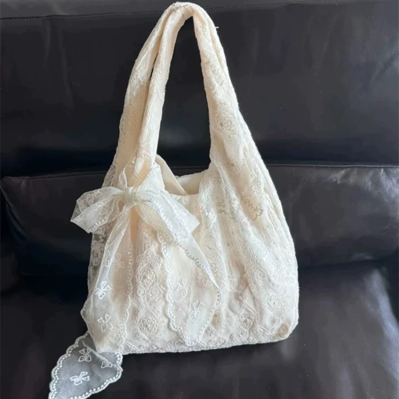 Vintage Soft Lace Large Capacity Tote Bag with Delicate Bow Accent Cream Shoulder Purse for Women Beach Summer Underarm Bag Use