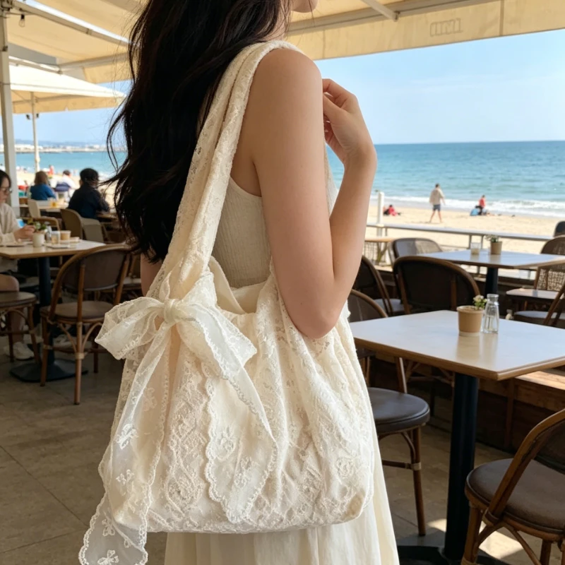 Vintage Soft Lace Large Capacity Tote Bag with Delicate Bow Accent Cream Shoulder Purse for Women Beach Summer Underarm Bag Use