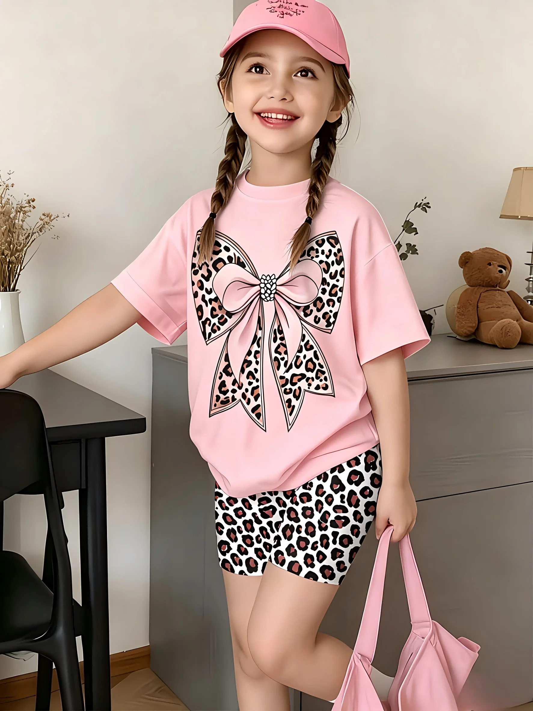 Girls Short Sleeve Crew Neck T-Shirt + Shorts Set Leopard Bow Print Casual Cute Kids Daily Outfit Ages 1-14