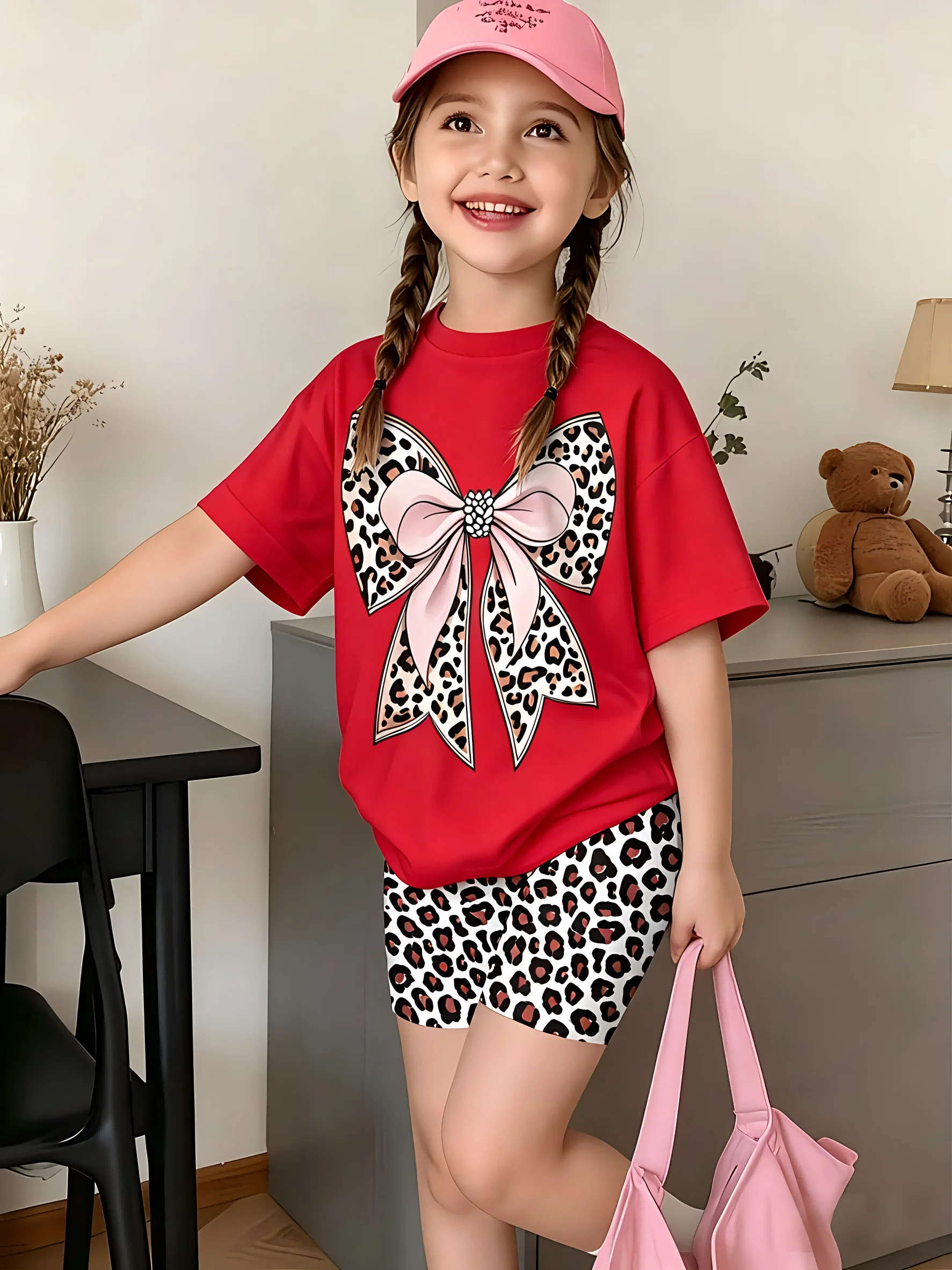 Girls Short Sleeve Crew Neck T-Shirt + Shorts Set Leopard Bow Print Casual Cute Kids Daily Outfit Ages 1-14