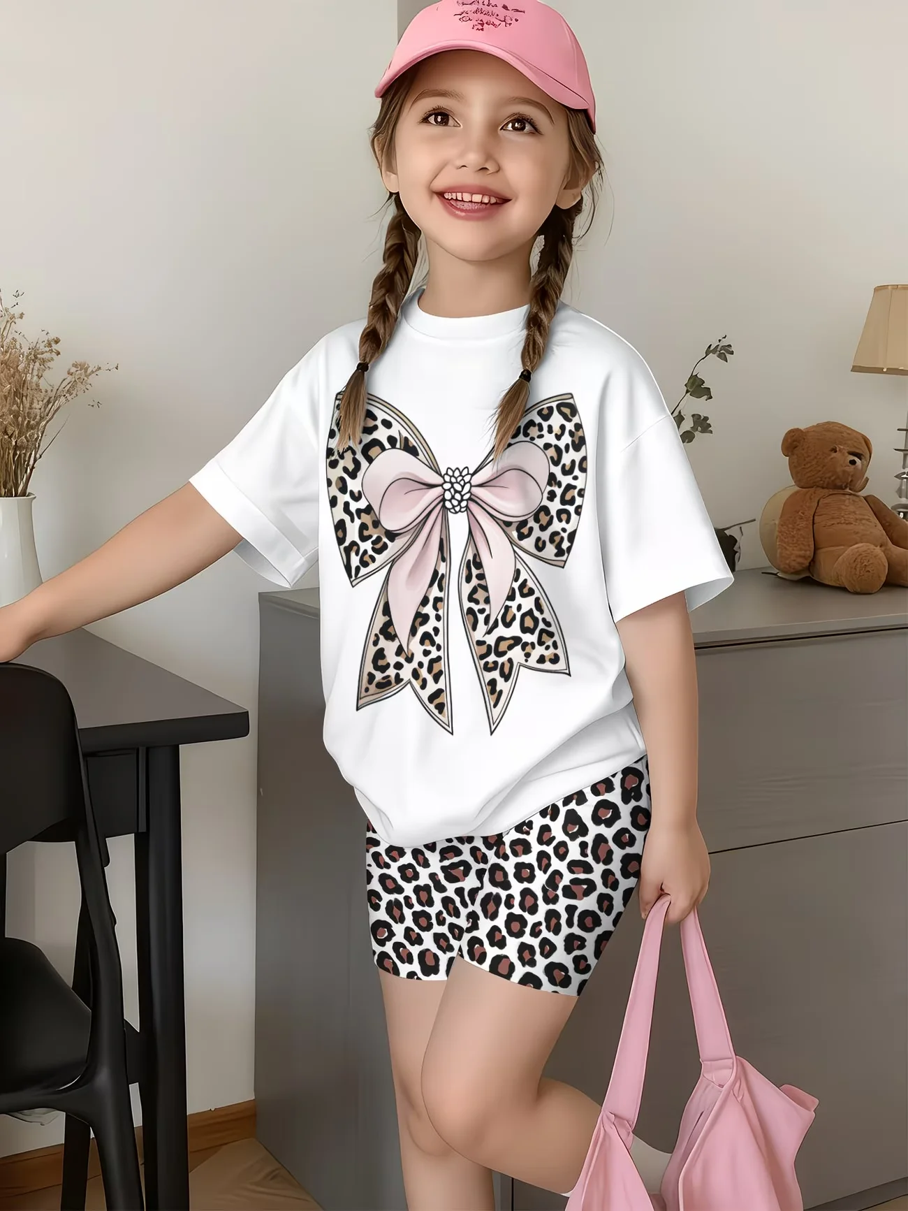 Girls Short Sleeve Crew Neck T-Shirt + Shorts Set Leopard Bow Print Casual Cute Kids Daily Outfit Ages 1-14