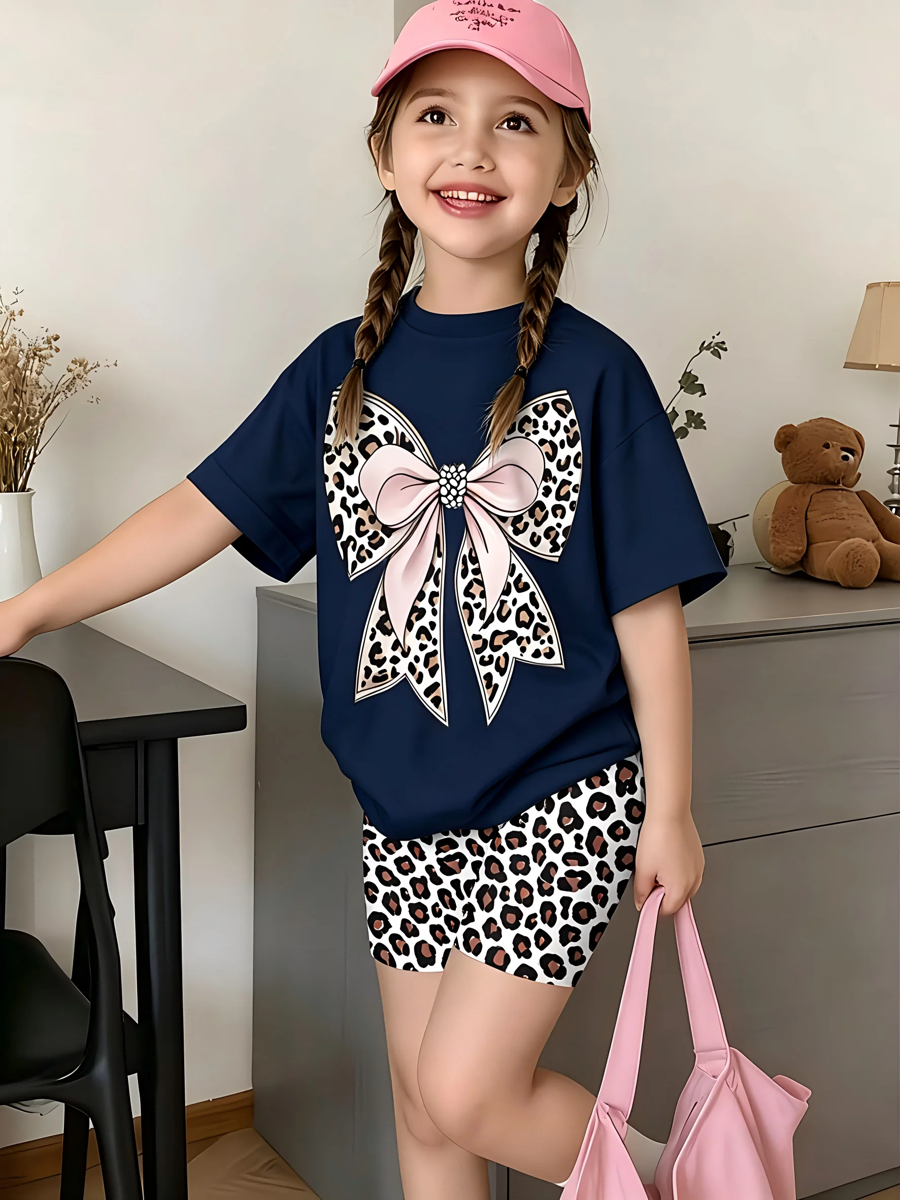 Girls Short Sleeve Crew Neck T-Shirt + Shorts Set Leopard Bow Print Casual Cute Kids Daily Outfit Ages 1-14