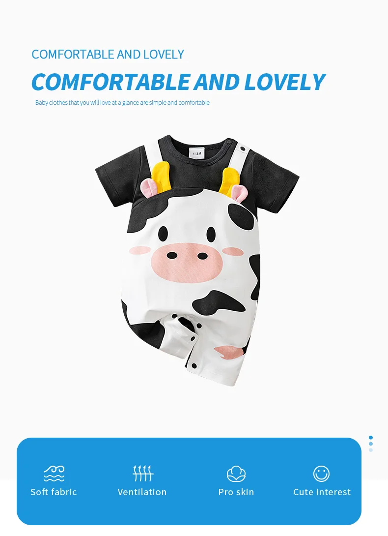 Newborn Baby Unisex Summer Cow Horn Fake Suspender Short Sleeve Spandex Stretch Wrinkle‑Resistant Daily Photo Jumpsuit 0‑18M