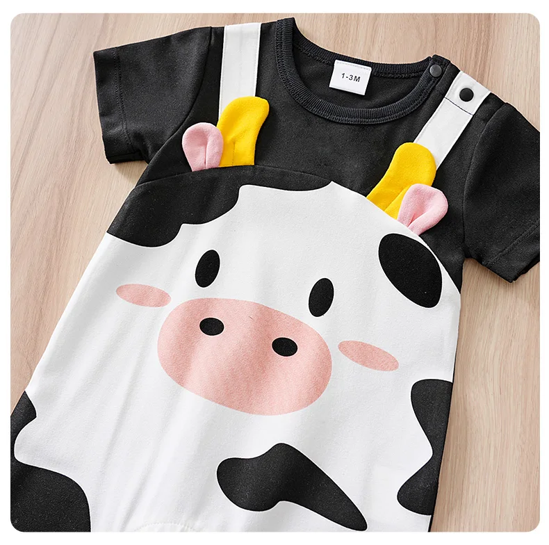 Newborn Baby Unisex Summer Cow Horn Fake Suspender Short Sleeve Spandex Stretch Wrinkle‑Resistant Daily Photo Jumpsuit 0‑18M
