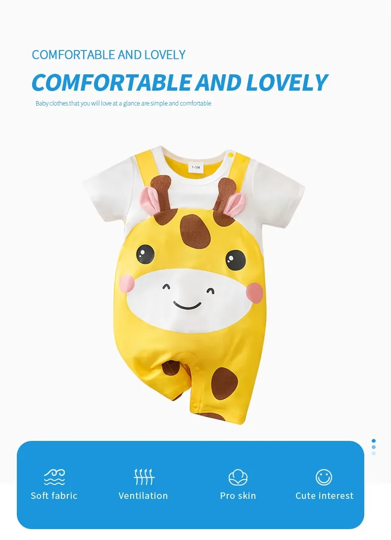 Newborn Baby Unisex Summer Cow Horn Fake Suspender Short Sleeve Spandex Stretch Wrinkle‑Resistant Daily Photo Jumpsuit 0‑18M