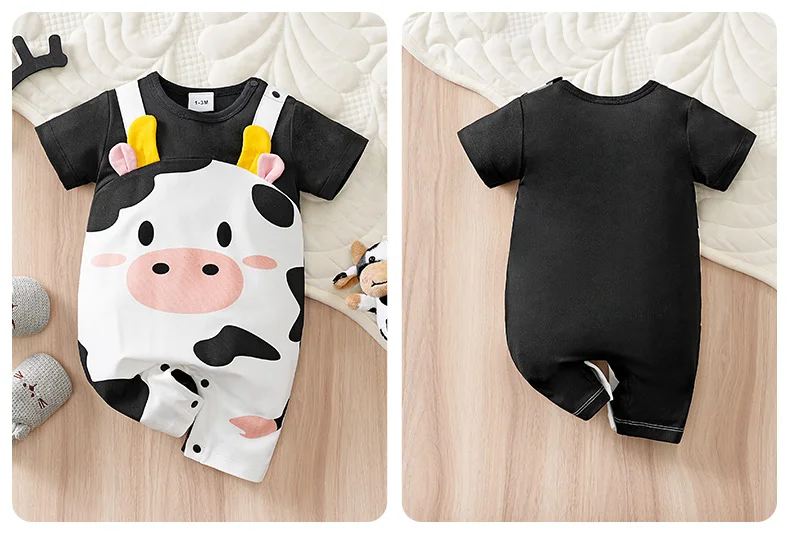 Newborn Baby Unisex Summer Cow Horn Fake Suspender Short Sleeve Spandex Stretch Wrinkle‑Resistant Daily Photo Jumpsuit 0‑18M