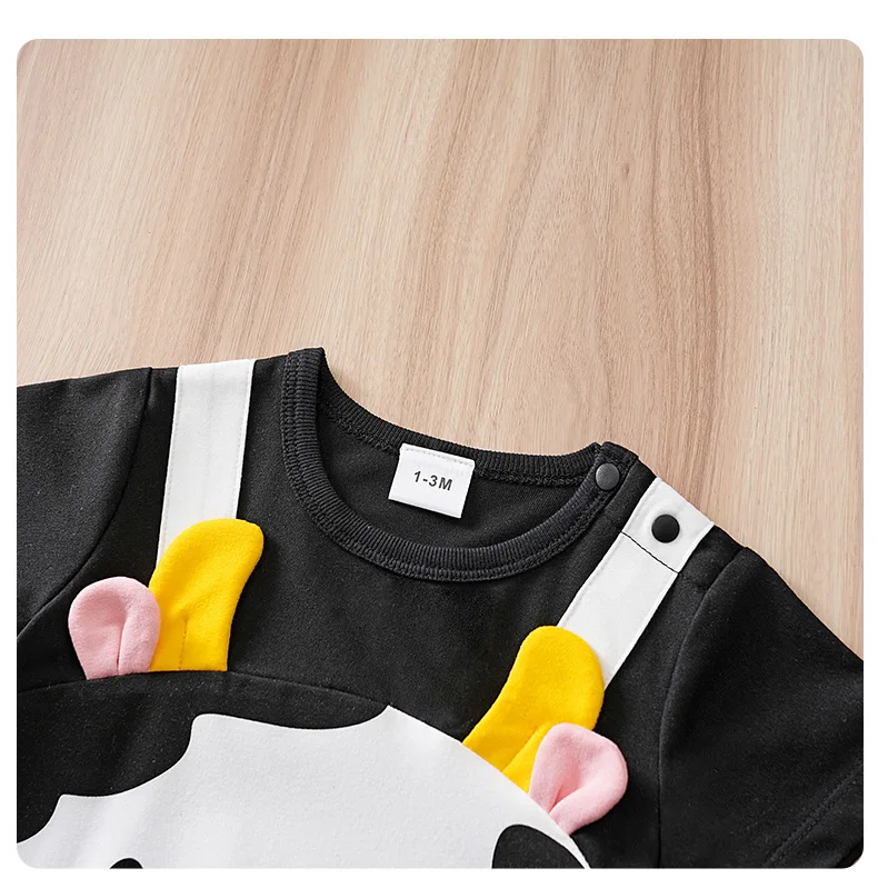 Newborn Baby Unisex Summer Cow Horn Fake Suspender Short Sleeve Spandex Stretch Wrinkle‑Resistant Daily Photo Jumpsuit 0‑18M