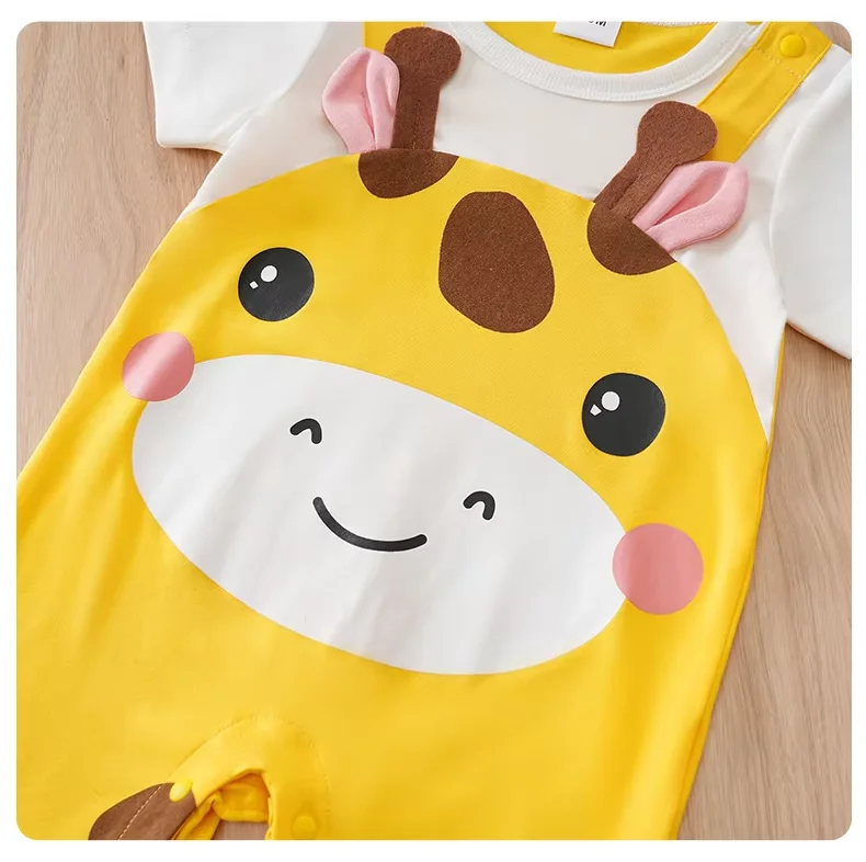 Newborn Baby Unisex Summer Cow Horn Fake Suspender Short Sleeve Spandex Stretch Wrinkle‑Resistant Daily Photo Jumpsuit 0‑18M