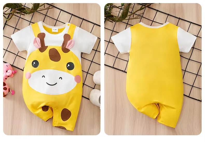 Newborn Baby Unisex Summer Cow Horn Fake Suspender Short Sleeve Spandex Stretch Wrinkle‑Resistant Daily Photo Jumpsuit 0‑18M