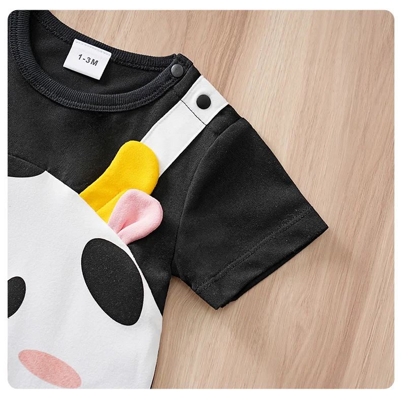 Newborn Baby Unisex Summer Cow Horn Fake Suspender Short Sleeve Spandex Stretch Wrinkle‑Resistant Daily Photo Jumpsuit 0‑18M