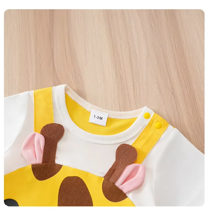 Newborn Baby Unisex Summer Cow Horn Fake Suspender Short Sleeve Spandex Stretch Wrinkle‑Resistant Daily Photo Jumpsuit 0‑18M